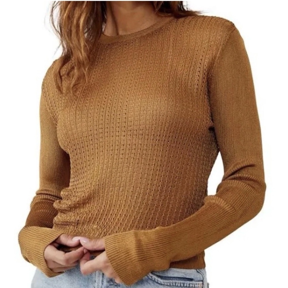 Free People H20 crew pullover tiger eye brown top shirt size Large